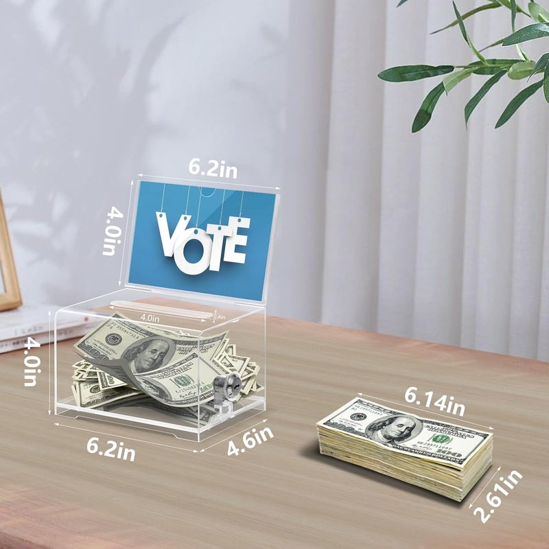KYODOLED Clear Donation Box for Fundraising with Lock & Sign Holder, Multi-Use Voting and Raffle Box, Tip Jar, Secure Storage, Durable Plastic, 6.2'' x 4.6'' x 4.0'' - Image 2